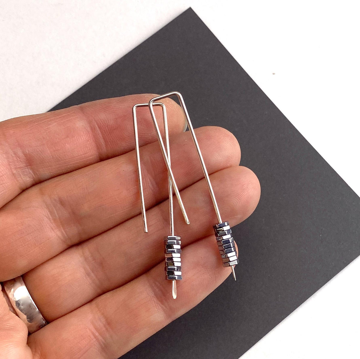 Long Minimalist Modern Silver Wire Drop Earrings