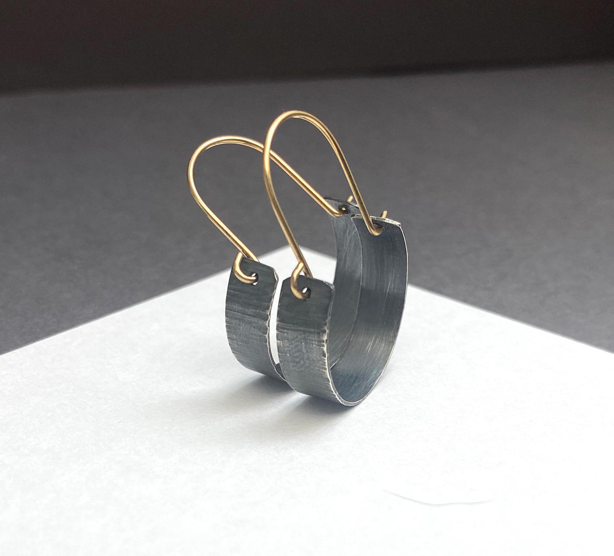 Small oxidized silver and gold two tone hoops