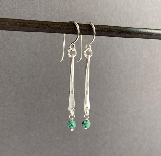 Long Sterling Silver Drop Earrings With African Turquoise