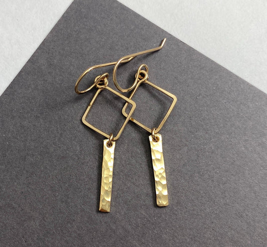 Geometric hammered gold dangle earrings