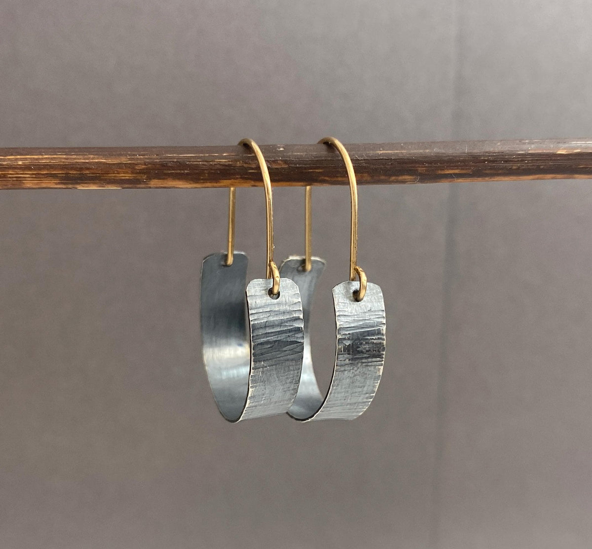 Small oxidized silver and gold two tone hoops