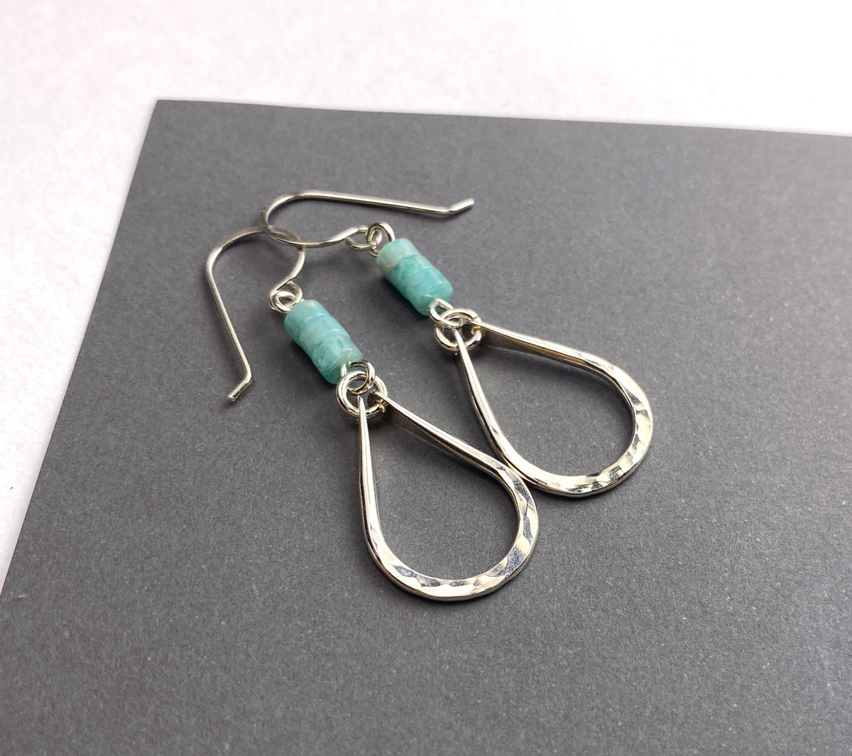 Aqua Blue Gemstone Hammered Silver Drop Earrings