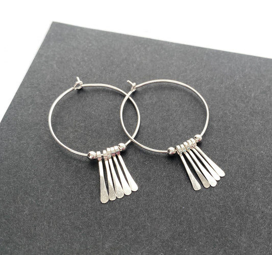 Sterling Silver Metal Fringe Hoop Earrings