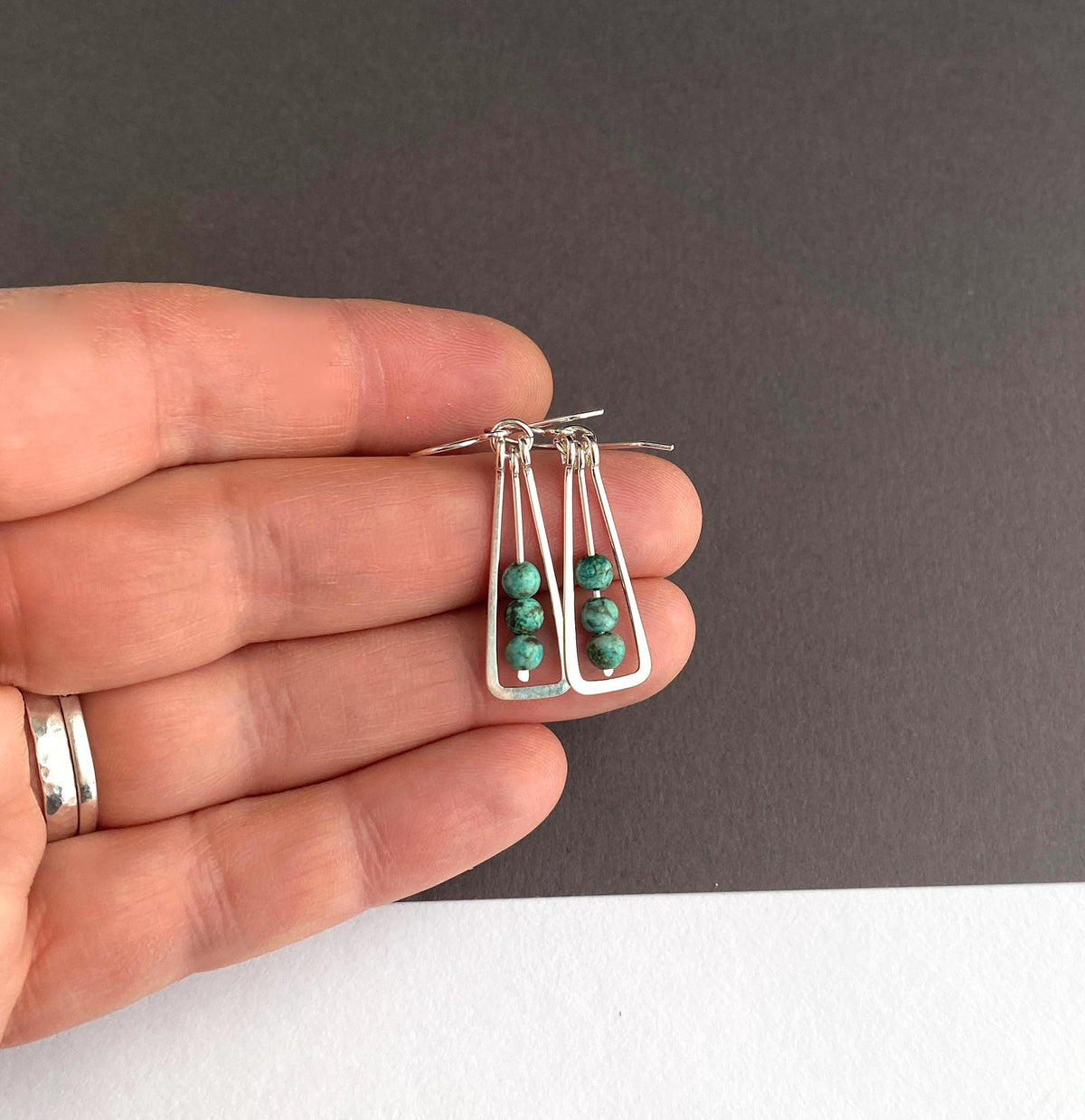 Silver Boho Gemstone Geometric Dangle Earrings