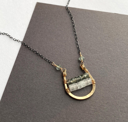 Mixed Metal Wire Wrapped Gold Gemstone Pendant with Oxidized Silver Chain