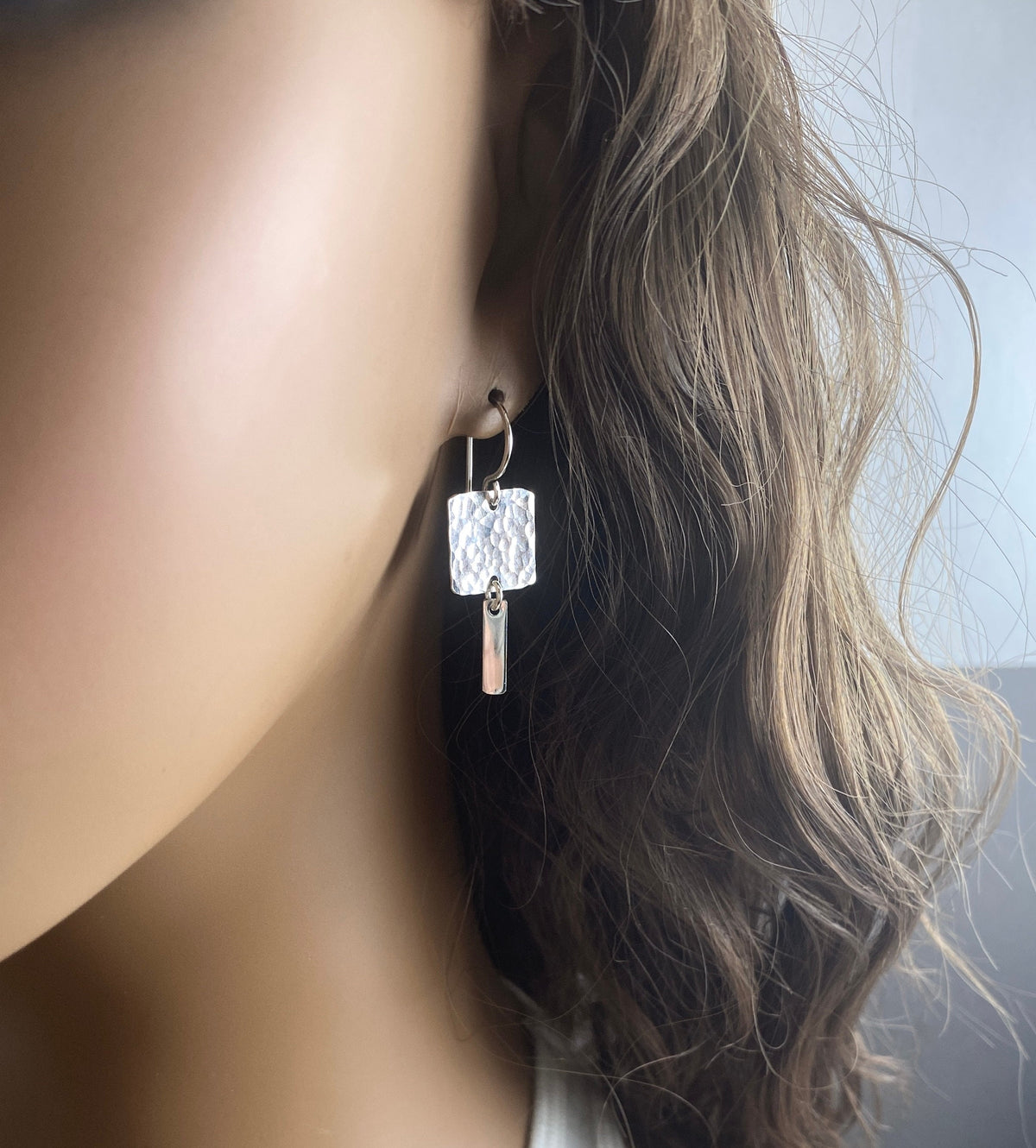 Hammered Silver Square Minimalist Dangle Earrings