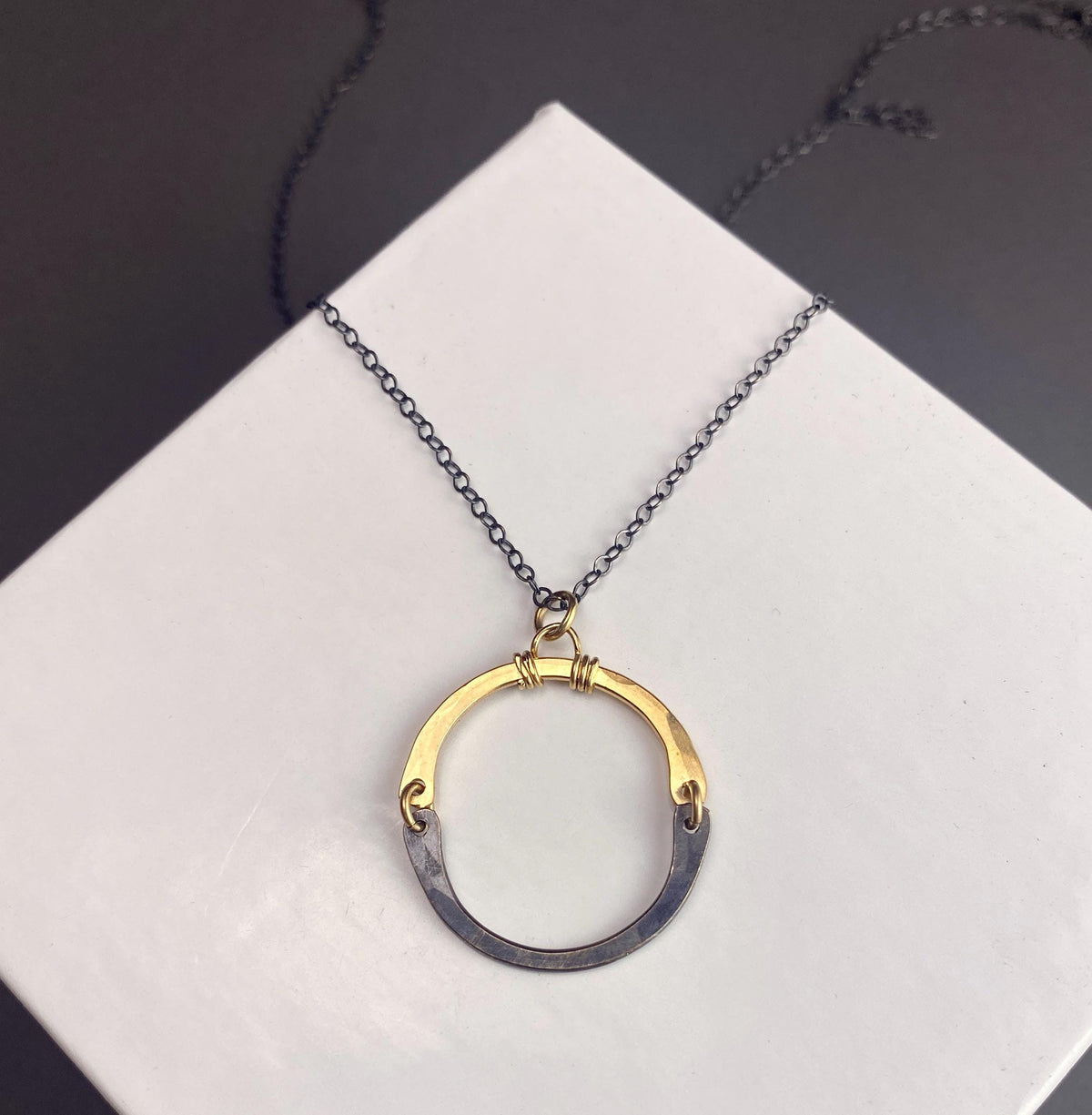 Long Oxidized Silver and Gold Circle Necklace